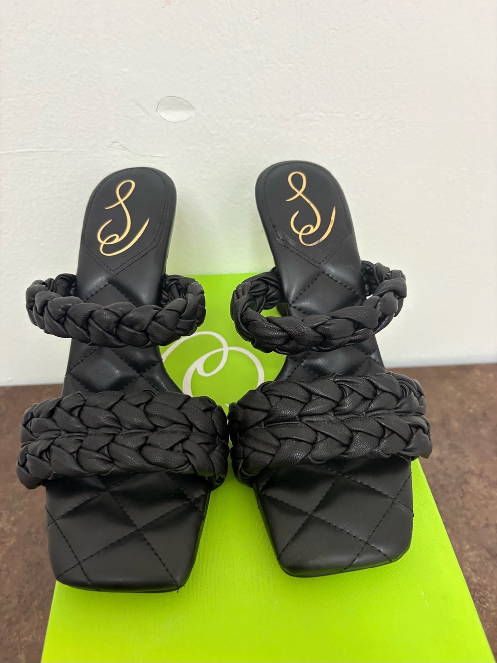 NIB Sam Edelman Meghan Black Nappa Braided Mule Heels Size 8.5 Square Toe - Picture 4 of 9